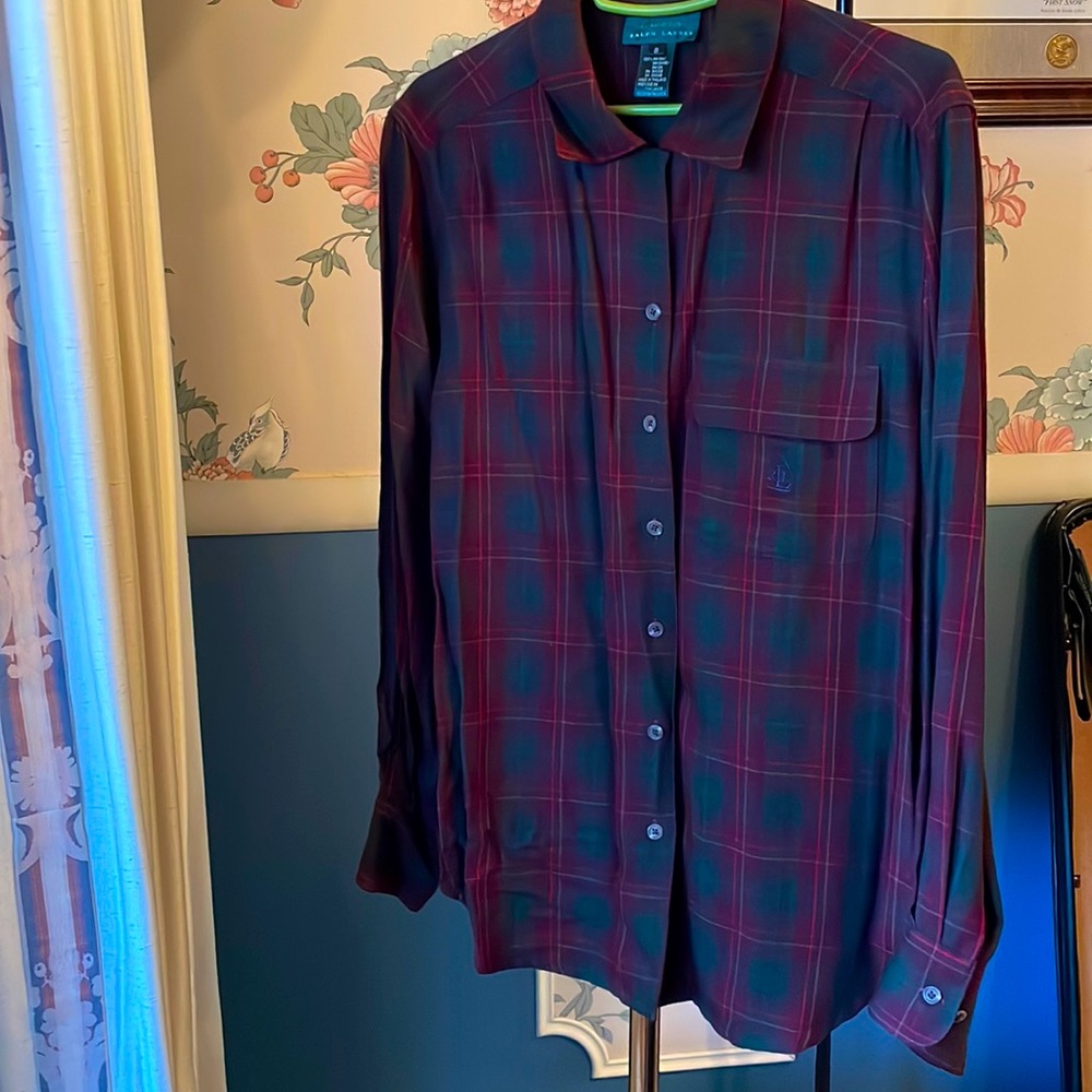 Lauren Ralph Lauren plaid logo flap pocket dress shirt buttons down glen 8 eight